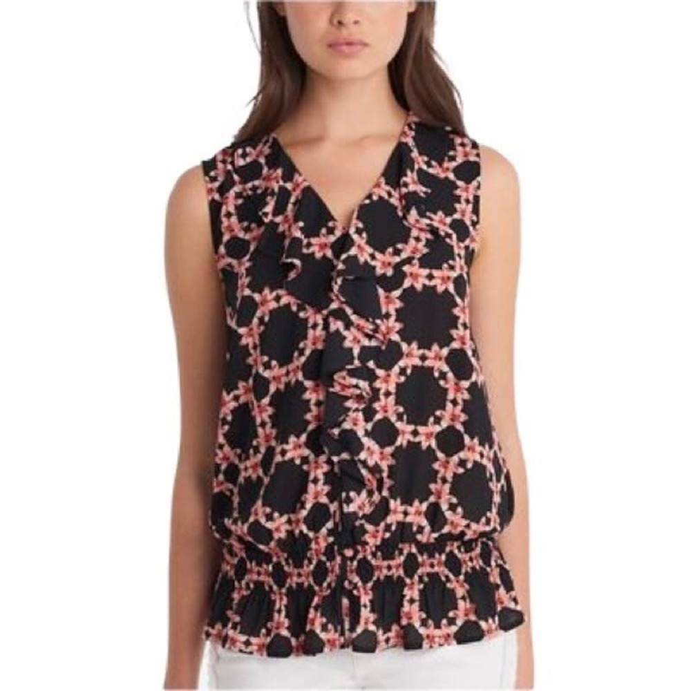 Karl Lagerfeld Women's Black & Pink Floral Sleeveless Button‎ Up Blouse. Size L